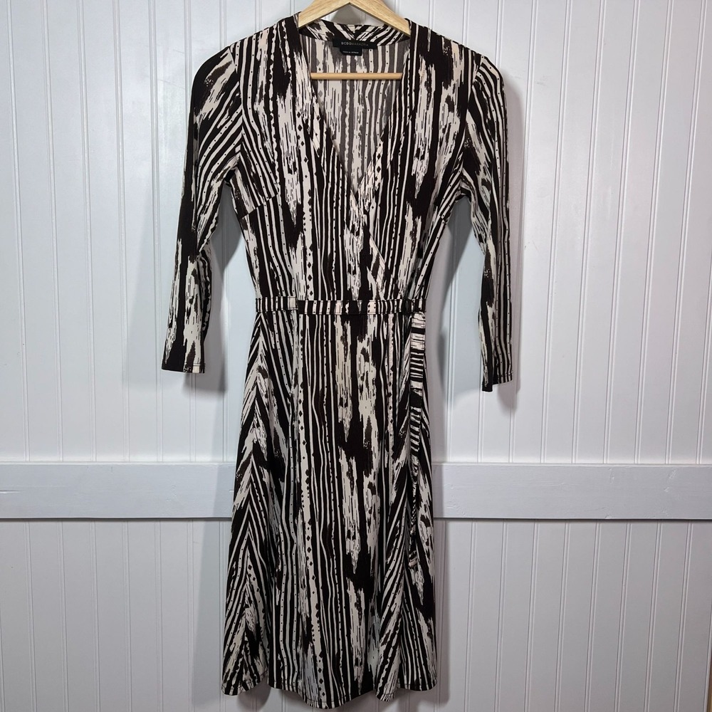 BCBGMAXAZRIA Wrap Dress Striped Maximalism V-Neck Long Sleeve Midi Tie Waist XS